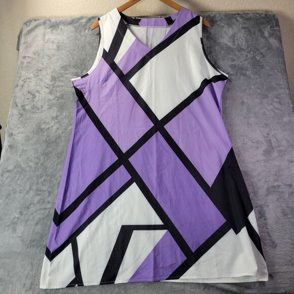 Sleeveless Shift Dress Womens 1XL Purple White Geometric Print Modern Retro - Picture 1 of 8